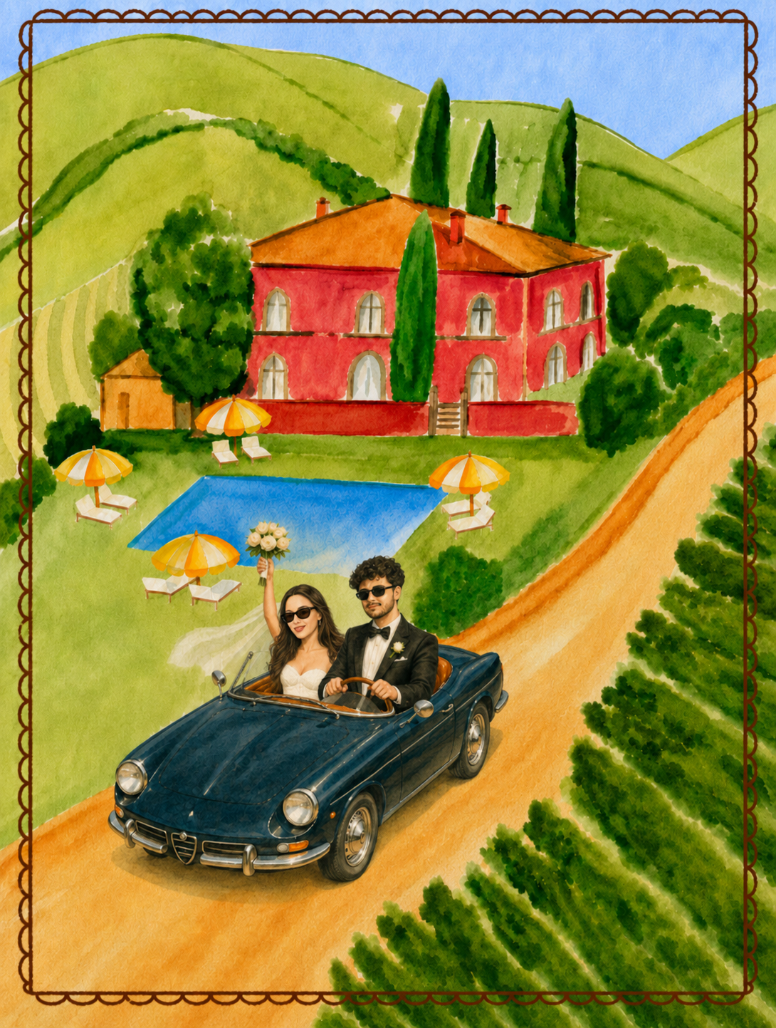 Watercolor of bride and groom driving through Tuscan hills